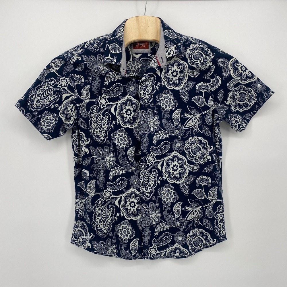 Consequence Button Down Shirt Mens Large Navy Blue Paisley Short Sleeve